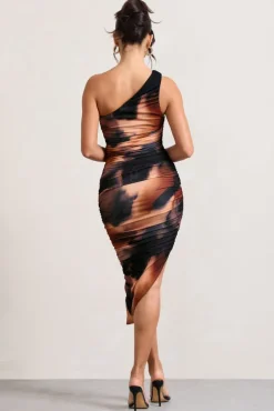 Late Night | Orange Smoke Print Asymmetric One Shoulder Ruched Midi Dress