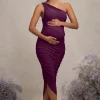 Late Night | Plum Maternity Ruched One Shoulder Midi Dress