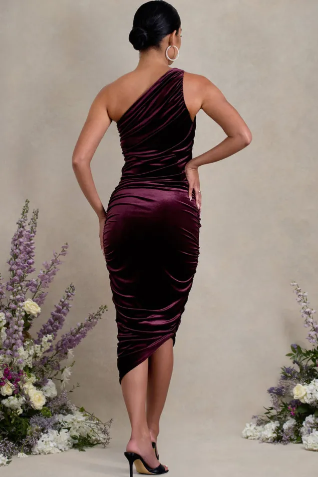 Late Night | Port Velvet Maternity Ruched One Shoulder Midi Dress
