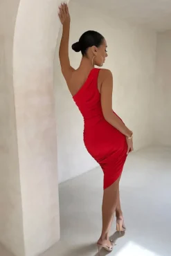 Late Night | Red Asymmetric One Shoulder Ruched Midi Dress