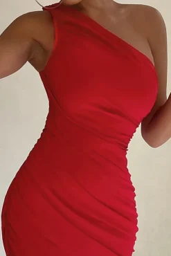 Late Night | Red Asymmetric One Shoulder Ruched Midi Dress