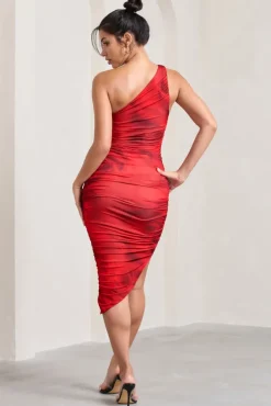 Late Night | Red Rose Print Asymmetric One Shoulder Ruched Midi Dress