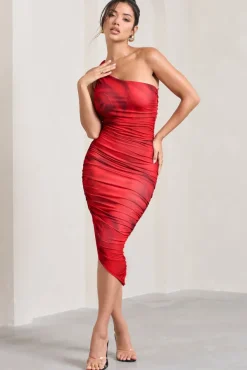 Late Night | Red Rose Print Asymmetric One Shoulder Ruched Midi Dress