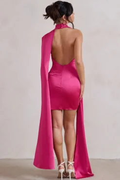 Laurelie | Hot Pink Satin Statement Cape Design Mini Dress