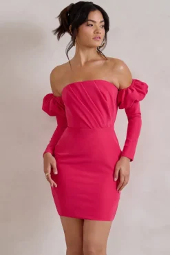 Laurie | Hot Pink Bardot Puff  Long Sleeve Mini Dress