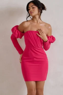 Laurie | Hot Pink Bardot Puff  Long Sleeve Mini Dress
