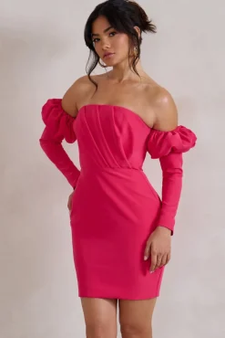 Laurie | Hot Pink Bardot Puff  Long Sleeve Mini Dress