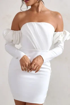 Laurie | White Bardot Puff Long Sleeve Mini Dress