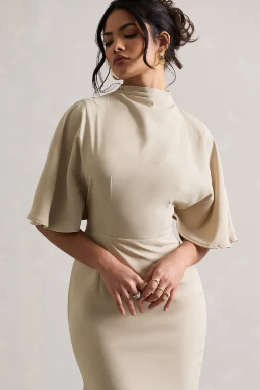 Lavinia | Champagne High-Neck Flutter-Sleeve Asymmetric Maxi Dress