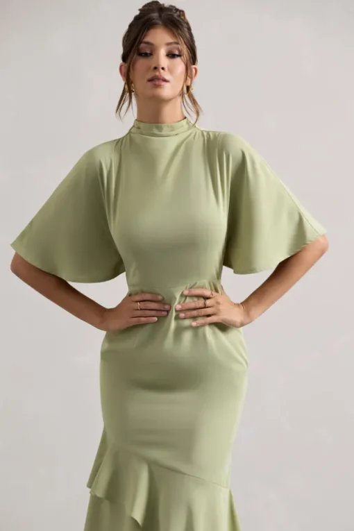 Lavinia | Sage High-Neck Flutter-Sleeve Asymmetric Maxi Dress
