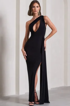 Lavish | Black One Shoulder Drape Maxi Dress