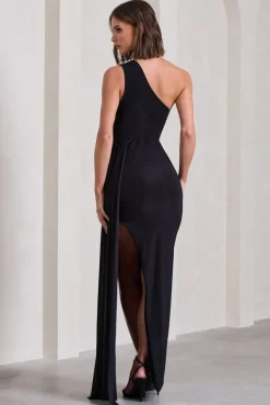 Lavish | Black One Shoulder Drape Maxi Dress