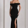 Law of Attraction | Black Bardot Draped Split Maxi Dress