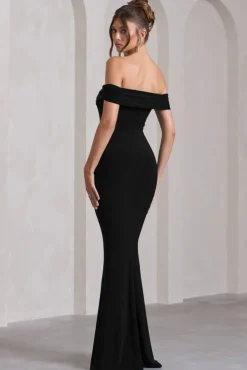Law of Attraction | Black Bardot Draped Split Maxi Dress