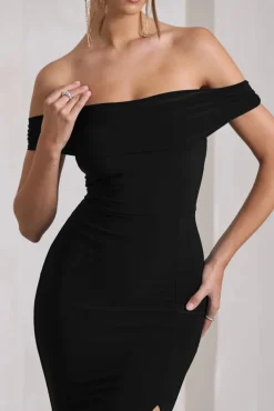 Law of Attraction | Black Bardot Draped Split Maxi Dress