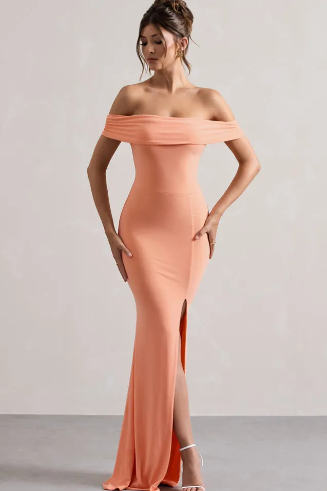 Law of Attraction | Coral Bardot Draped Split Maxi Dress