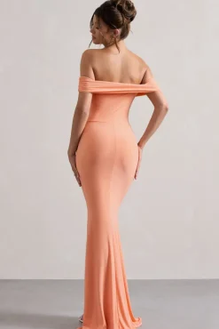 Law of Attraction | Coral Bardot Draped Split Maxi Dress