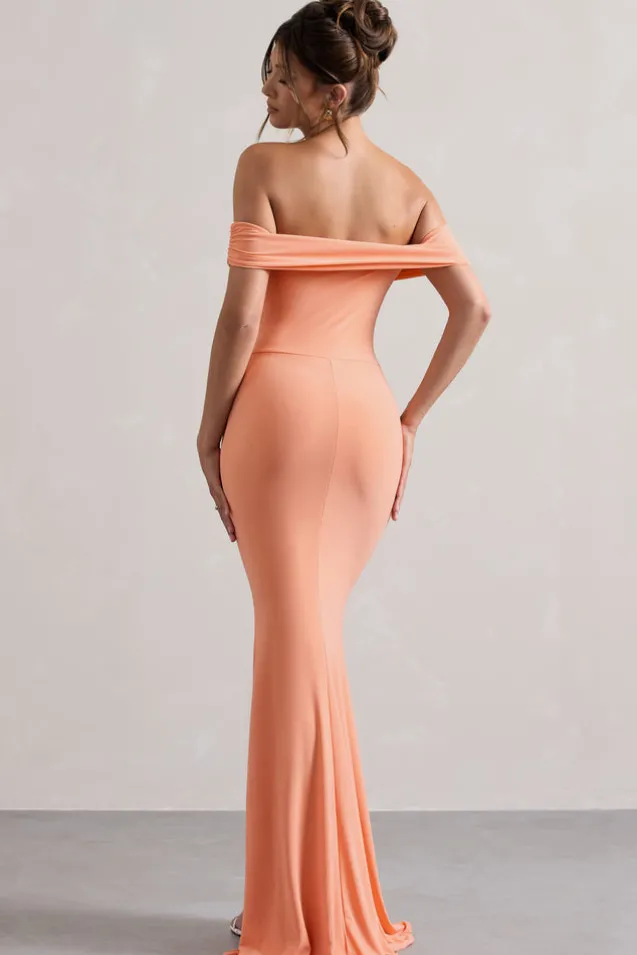 Law of Attraction | Coral Bardot Draped Split Maxi Dress