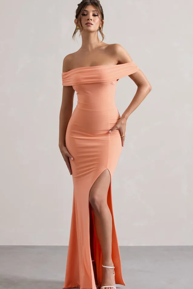 Law of Attraction | Coral Bardot Draped Split Maxi Dress