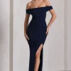 Law of Attraction | Navy Bardot Draped Split Maxi Dress