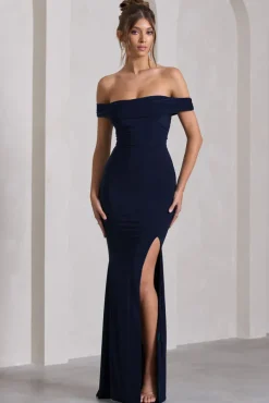 Law of Attraction | Navy Bardot Draped Split Maxi Dress