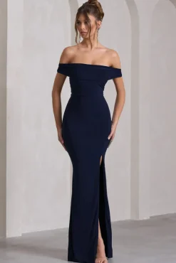 Law of Attraction | Navy Bardot Draped Split Maxi Dress