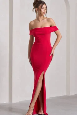 Law of Attraction | Red Bardot Draped Split Maxi Dress