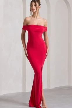 Law of Attraction | Red Bardot Draped Split Maxi Dress