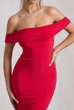 Law of Attraction | Red Bardot Draped Split Maxi Dress