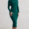 Lea | Bottle Green Long Sleeve Ruched Midi Dress with Draped Bardot Overlay