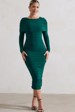 Lea | Bottle Green Long Sleeve Ruched Midi Dress with Draped Bardot Overlay