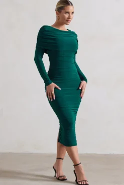 Lea | Bottle Green Long Sleeve Ruched Midi Dress with Draped Bardot Overlay