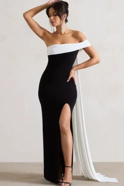 Legacy | Black u0026 White Bardot Split Maxi Dress With Drape