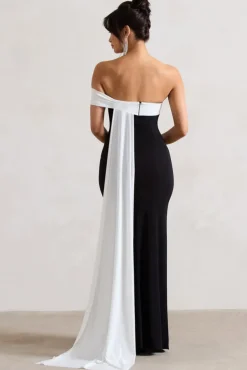Legacy | Black u0026 White Bardot Split Maxi Dress With Drape
