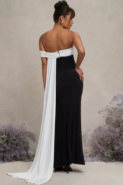 Legacy | Black u0026 White Bardot Split Maternity Maxi Dress With Drape