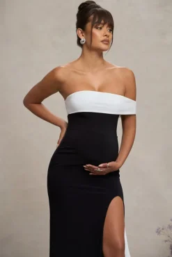 Legacy | Black u0026 White Bardot Split Maternity Maxi Dress With Drape