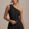 Lelia | Black One Shoulder Tailored Top With Bows