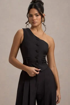 Lelia | Black One Shoulder Tailored Top With Bows