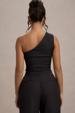 Lelia | Black One Shoulder Tailored Top With Bows