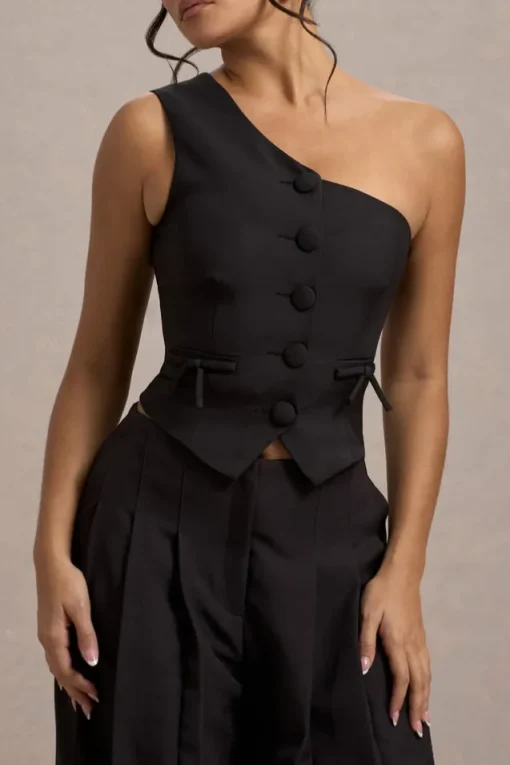 Lelia | Black One Shoulder Tailored Top With Bows