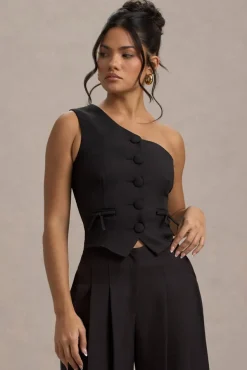 Lelia | Black One Shoulder Tailored Top With Bows