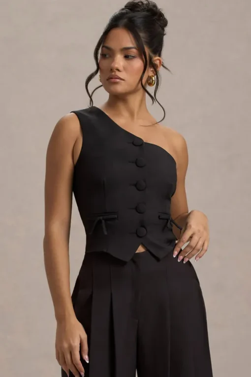 Lelia | Black One Shoulder Tailored Top With Bows