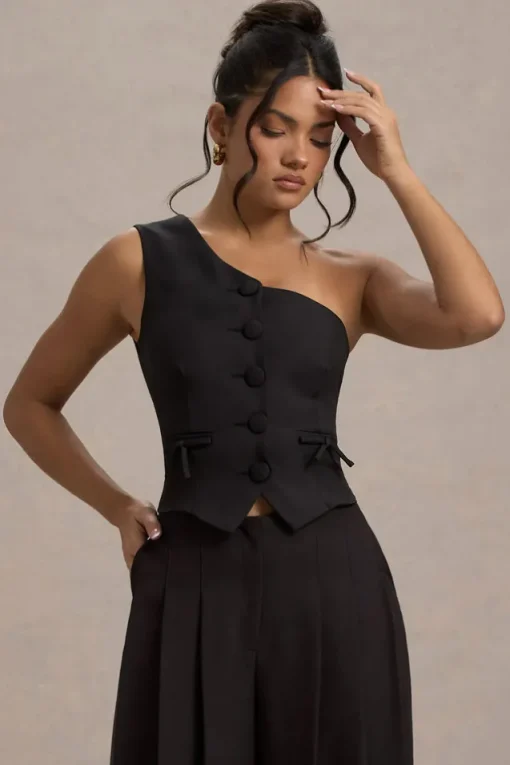 Lelia | Black One Shoulder Tailored Top With Bows