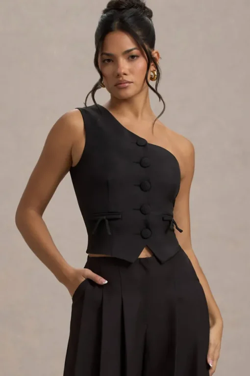 Lelia | Black One Shoulder Tailored Top With Bows
