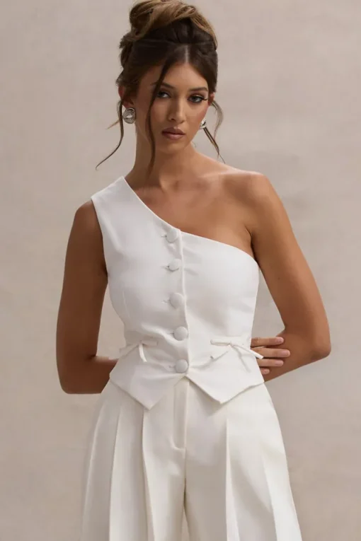 Lelia | Cream One Shoulder Tailored Top With Bows
