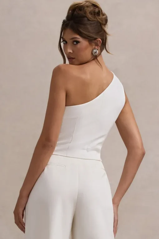 Lelia | Cream One Shoulder Tailored Top With Bows