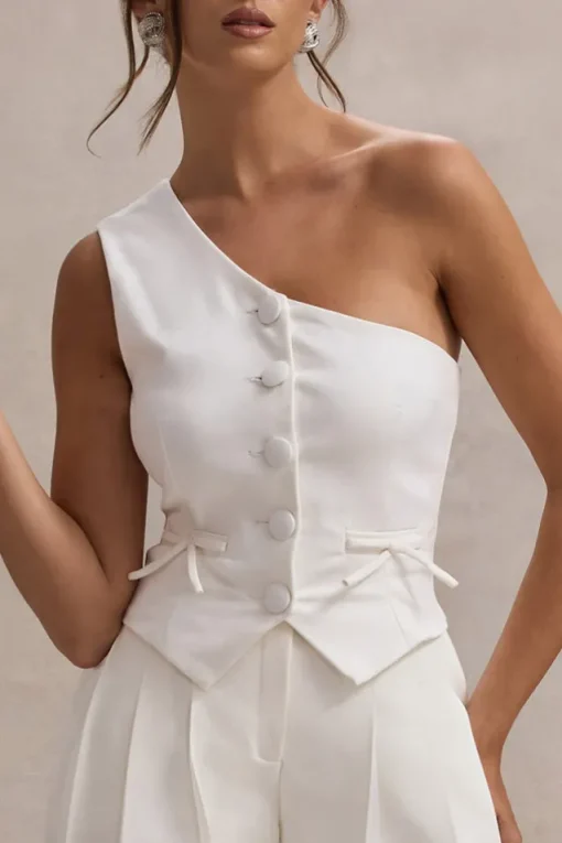 Lelia | Cream One Shoulder Tailored Top With Bows