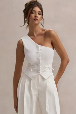 Lelia | Cream One Shoulder Tailored Top With Bows