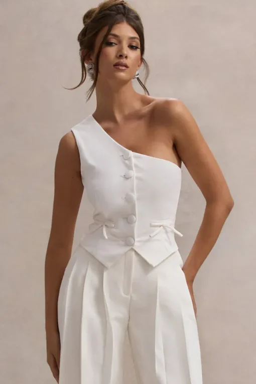Lelia | Cream One Shoulder Tailored Top With Bows