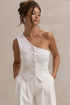 Lelia | Cream One Shoulder Tailored Top With Bows